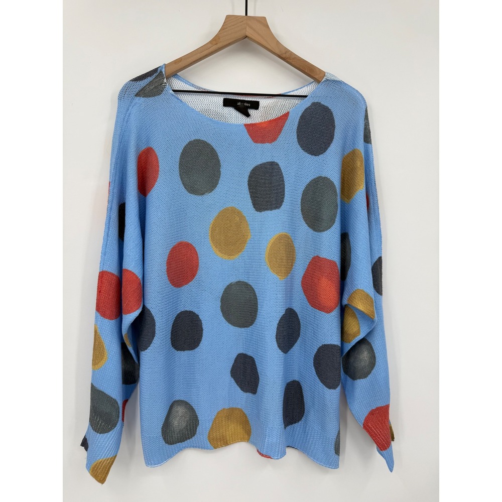 Ali Miles Shirt Womens XL Blue Polka Dot Knit Long Sleeve Artsy Colorful